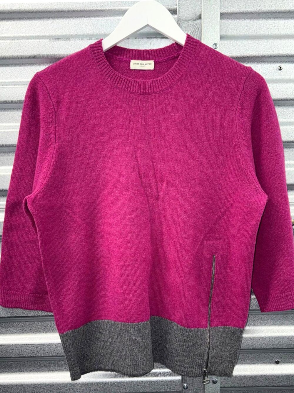 DRIES VAN NOTEN PINK GREY COLORBLOCK SWEATER 3/4 SLEEVE ALPACA WOOL